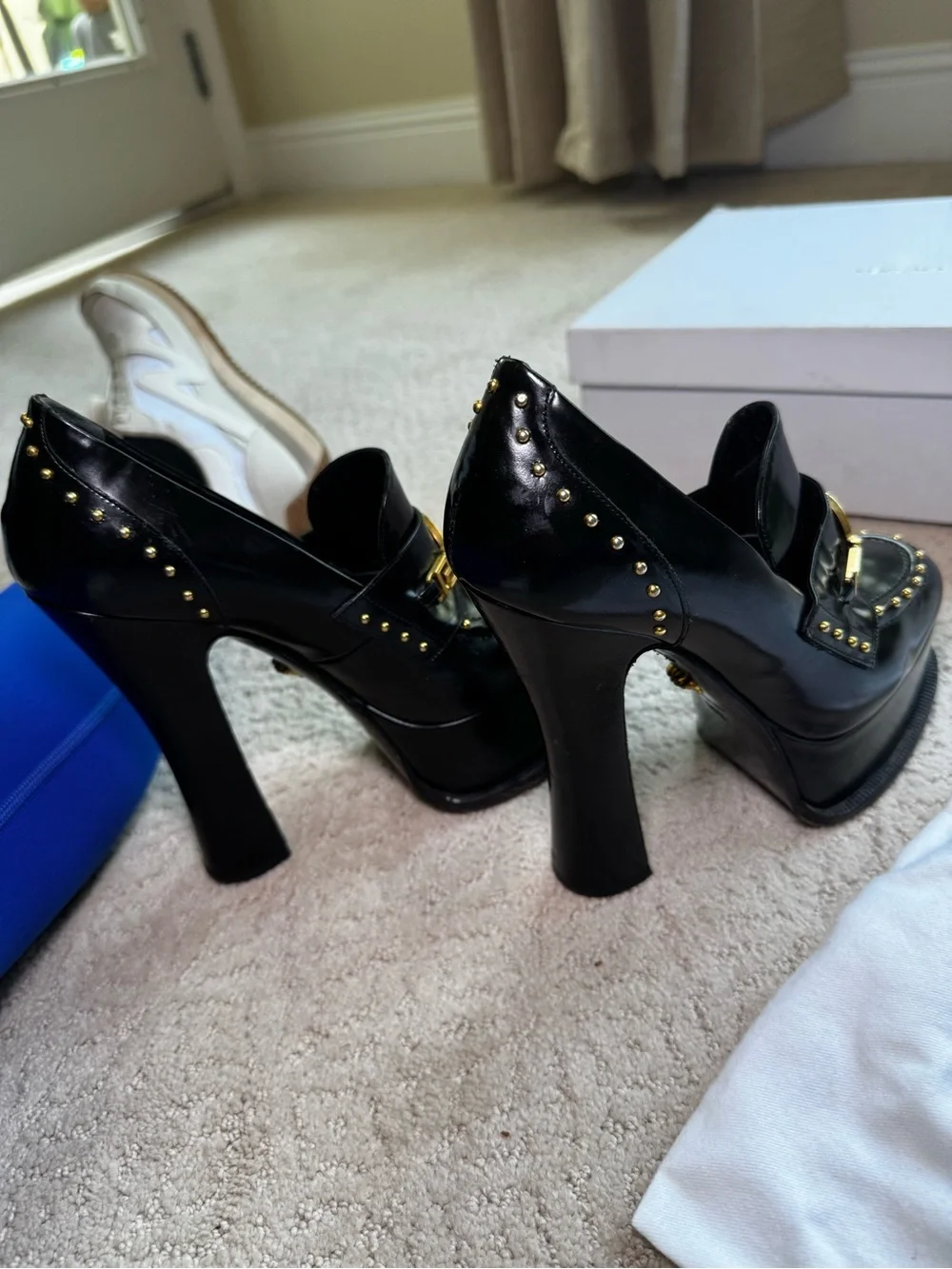Versace Black Platform Gold Studded Loafer Platform Heels with Medallion